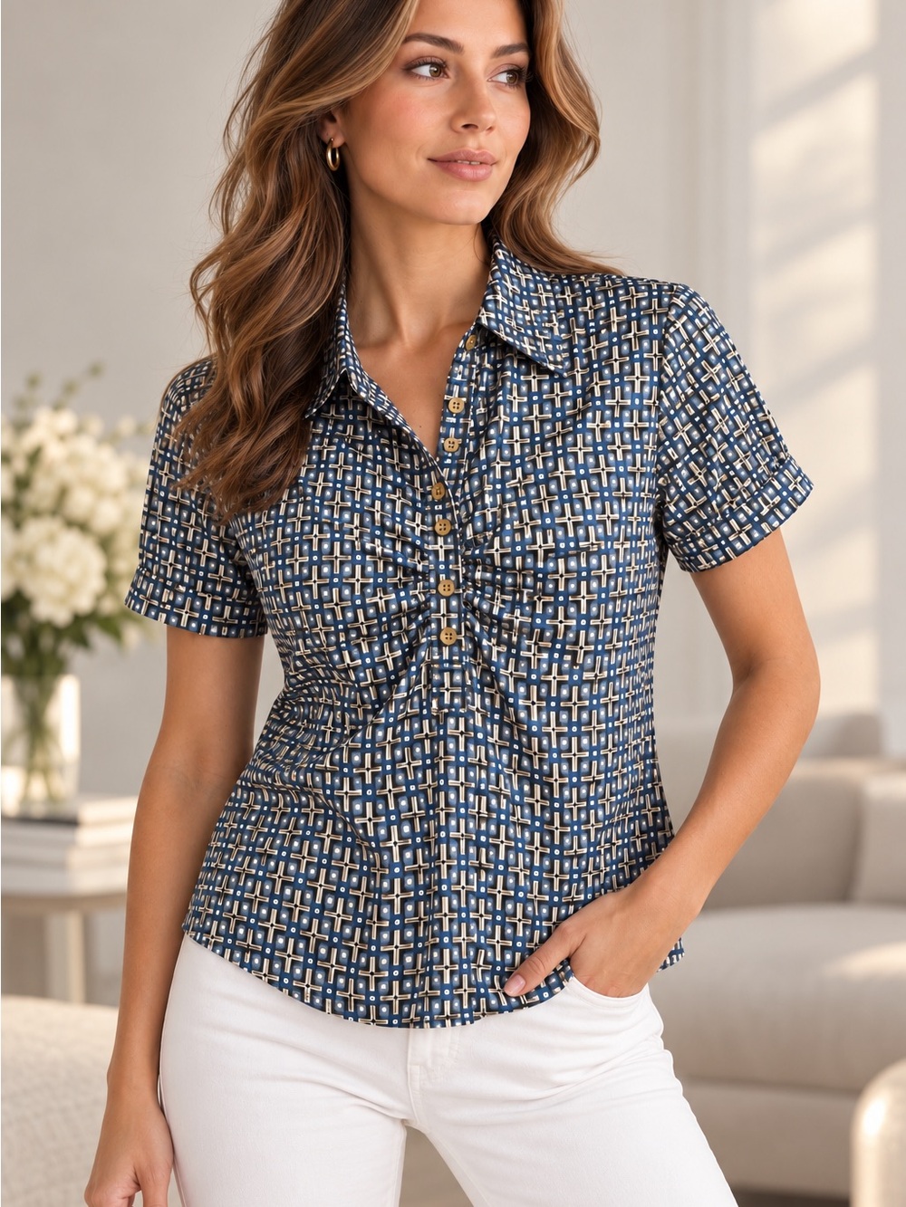 New York & Company Navy Geo-Print Short Sleeve Polo Blouse